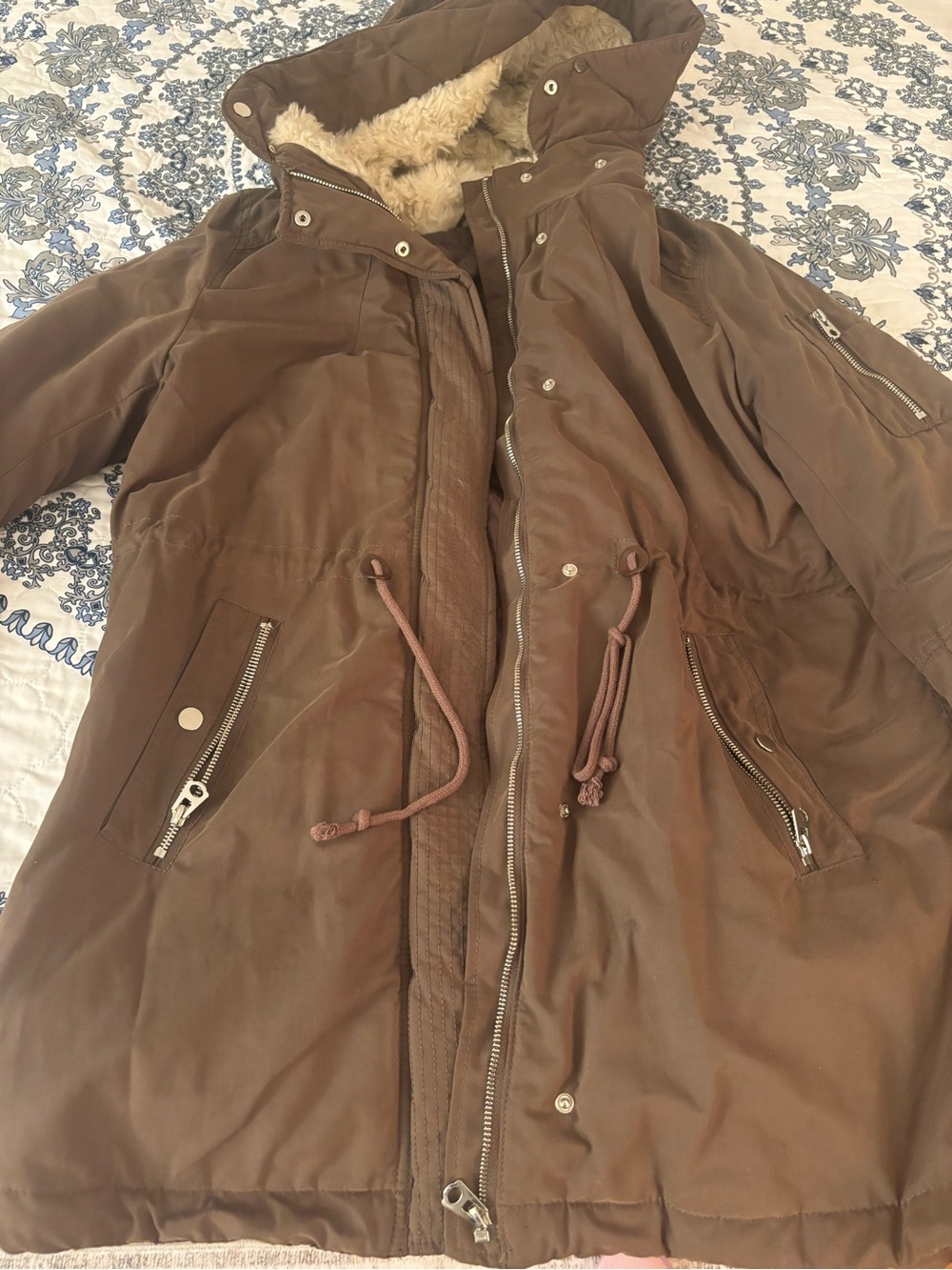 H&M Brown Hooded Utility Parka with Faux Fur Trim